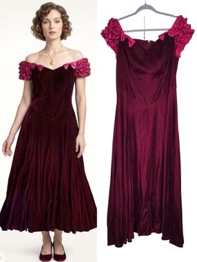 VTG 80s Burgundy Velvet Ruffled Off Shoulders Prom Dress with Bows SZ 12